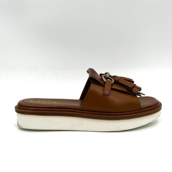 Tod's Shoes - TOD'S Brown Cognac Leather Fringe Tassel Slip On Platform Sandals Shoes Size 10